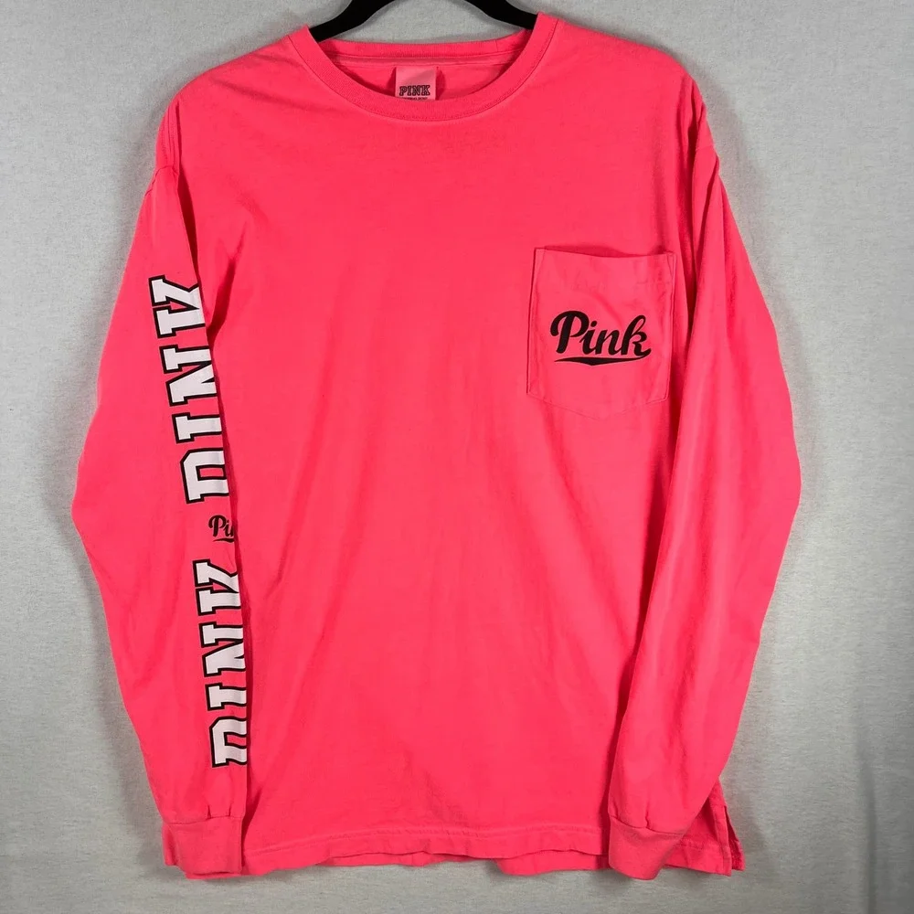 Y2K Victoria's Secret PINK Long Sleeve T Shirt Neon Pink Graphic Logo Size S - Picture 1 of 7